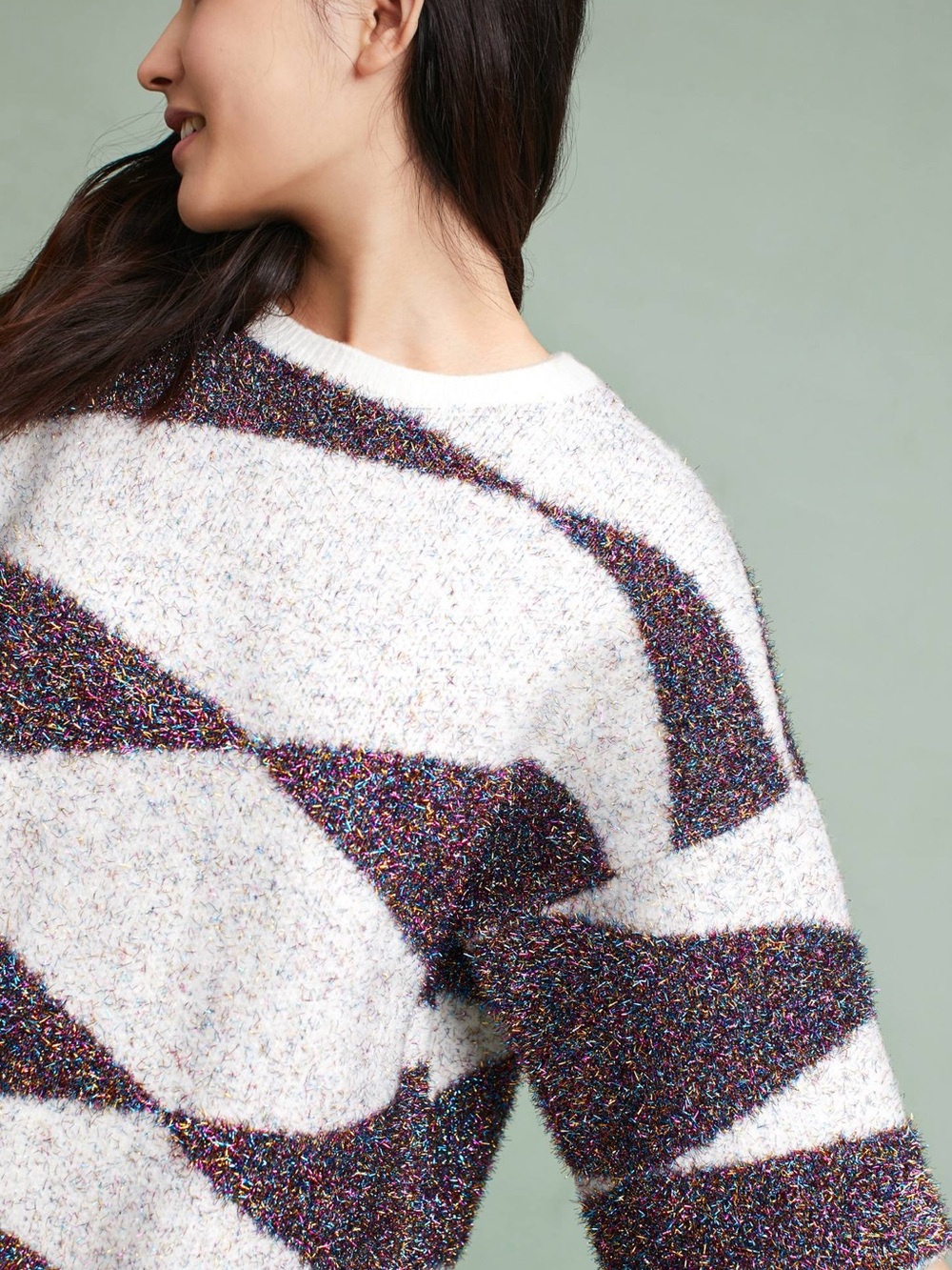 Anthropologie MOTH White Crewneck Sparkling Geo Sweater with Multicolor Speckles